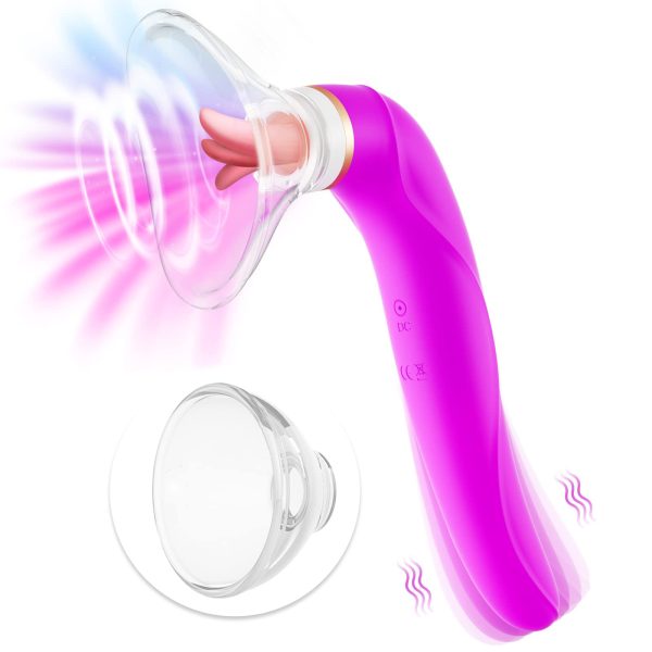 Realistic Adult Clitoral Sucking Licking Vibrator with a Tongue, Pink 10 Modes Heating Double Vibrating Tongue Toy with Telescopic and Rotation for Women, 360 Degree Swing, Silicone, Waist Design, 10.5 Inch